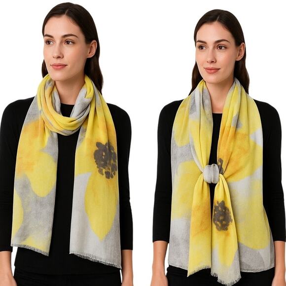 LOOK Cashmere Blend Yellow & Gray Floral Pashmina Wrap Scarf 29x72 - Picture 1 of 11